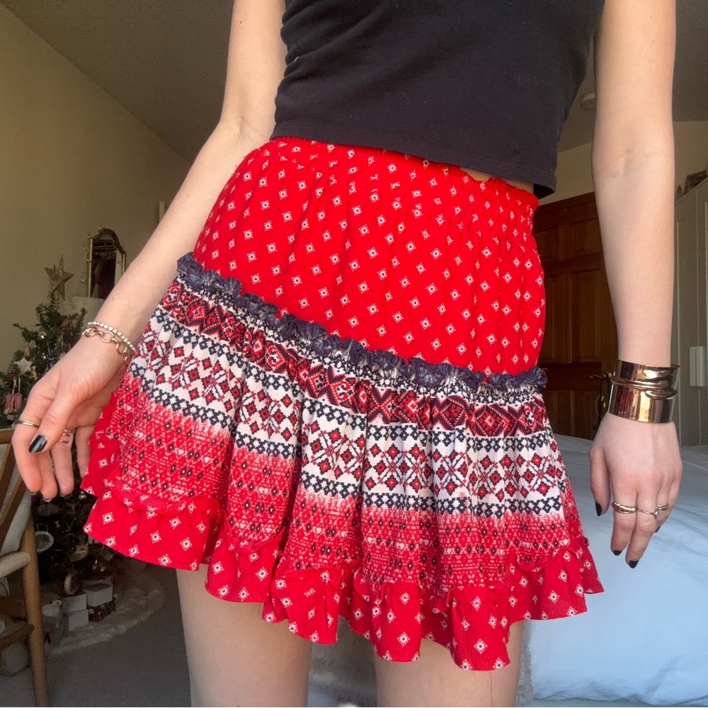 misa los angeles red and white tania tiered chiffon mini skirt